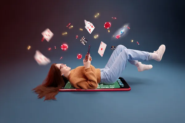 A glamorous woman holding casino chips in a neon-lit environment, representing the premium online casino atmosphere of JLMMM.